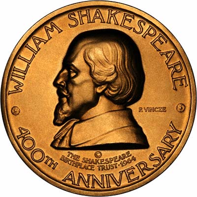 Obverse of 1964 William Shakespeare 400th Anniversary Gold Medallion