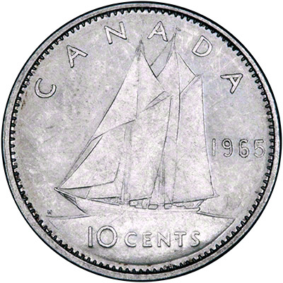 1965 Canada Silver 10 Cent Reverse