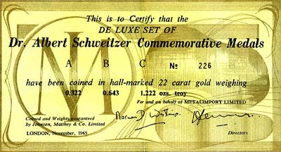 1965 Dr. Albert Schweitzer Gold Medallion Certificate