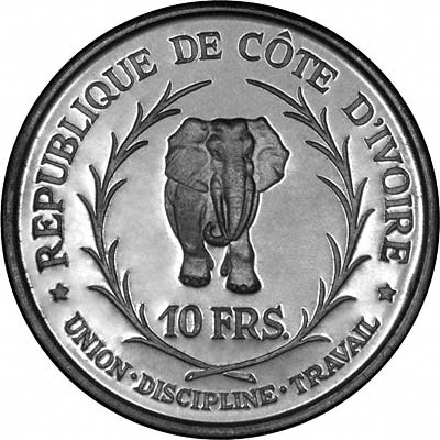 Reverse of 1966 Ivory Coast 10 Francs