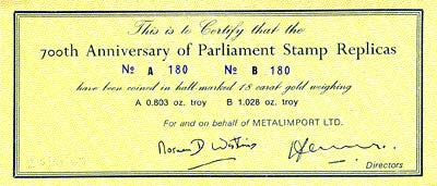 1966 700th Anniversary of Parliament Gold Stamp Replica Certificate