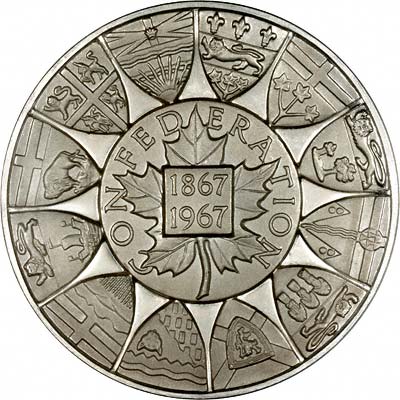 Reverse of Silver Medallions of 1867 Canadian Confederation Centennial 1967 by John Pinches