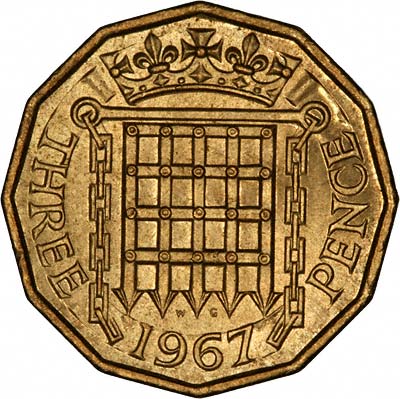 Obverse of 1967 Elizabeth II Brass Threepence
