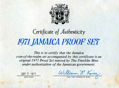 1971 Jamaican Proof Set Certificate