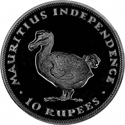 Dodo on Reverse of 1971 Mauritius Silver Proof 10 Rupees