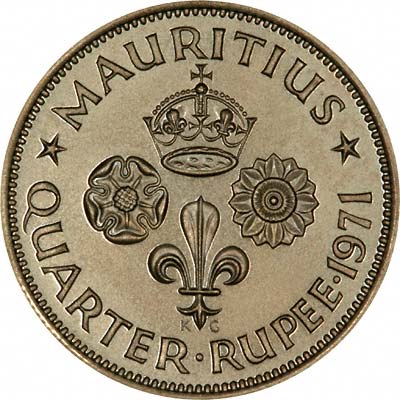 Crowned Emblems on Reverse of 1971 Mauritius Proof Quarter Rupee