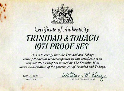 1971 Trinidad & Tobago Proof Set Certificate
