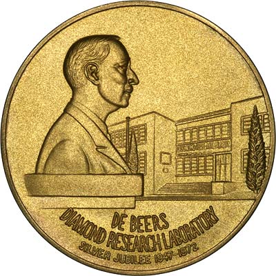 Obverse of De Beers Diamond Research Laboratory 1947 - 1972 Silver Jubilee Gold Medallion
