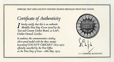 1973 County Cricket Centenary First Day Medallion Reverse
