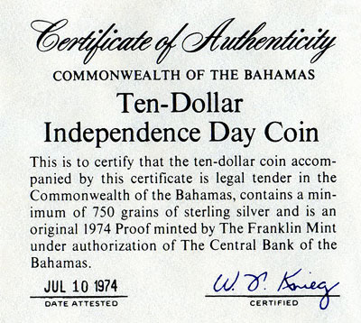 1974 Bahamas Silver Proof Ten Dollars Certificate