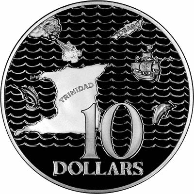 Reverse of 1974 Trinidad & Tobago Silver Proof Ten Dollars