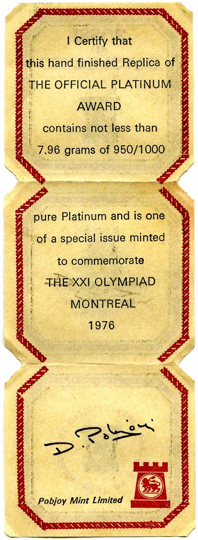 1976 The XXI Olympiad Montreal Medallion in Platinum Certificate