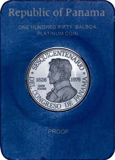 1976 Panama Platinum 150 Balboas in Display Card