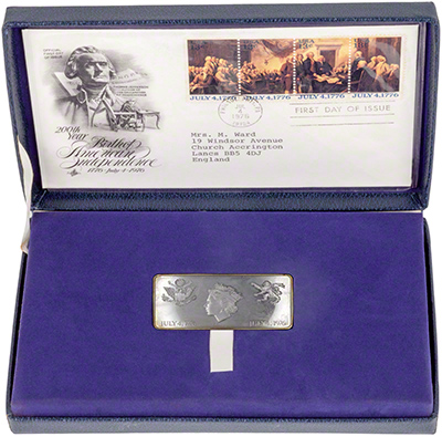 1976 silver proof ingot, stamp replica, 200th anniversary of US independance