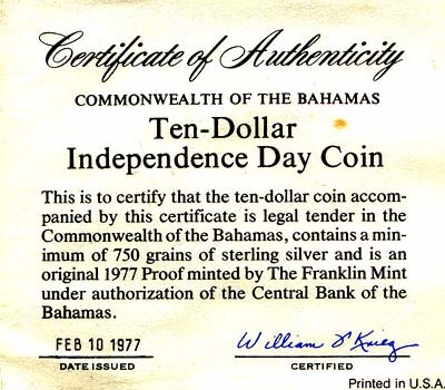 1977 Bahamas Silver Proof $10 Coin Certificate