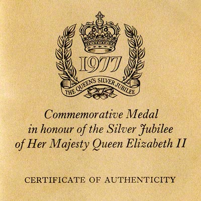 1977 Silver Jubilee Silver Medallion Certificate