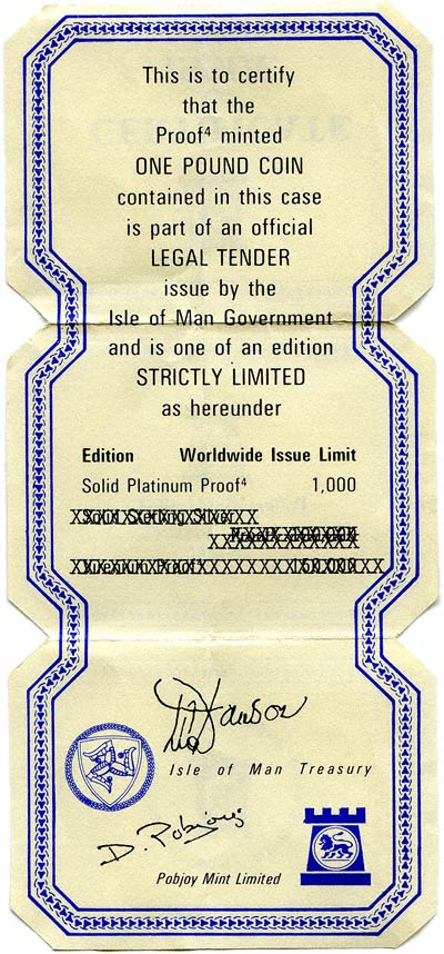 1978 Manx Platinum Pound Coin Certificate
