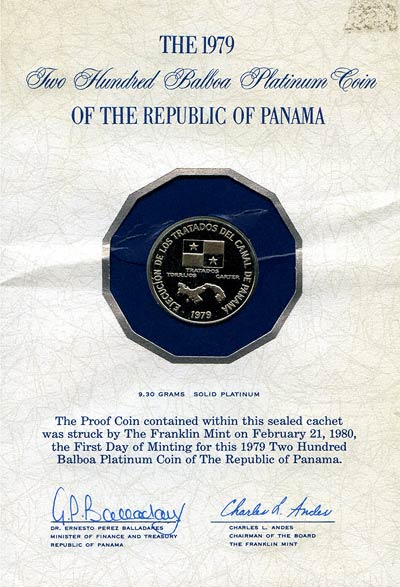 Reverse of 1979 Panama Platinum 200 Balboas