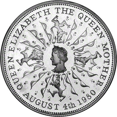 Reverse of 1980 Crown Featuring a Portrait of the Queen Mother surrounded by bows and lions