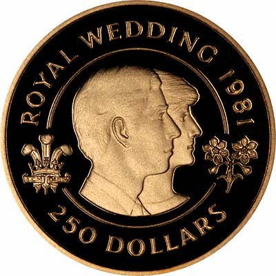 Prince Charles with Princess Diana on Reverse of 1981 Bermuda 250 Dollar Gold Proof Coin