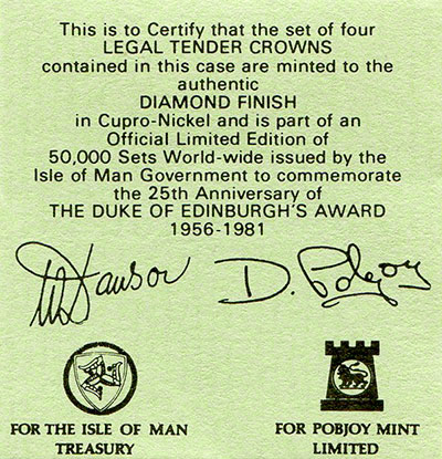 1981 Manx Four Coin Crown Set - Duke of Edinburgh Award Scheme certficiate