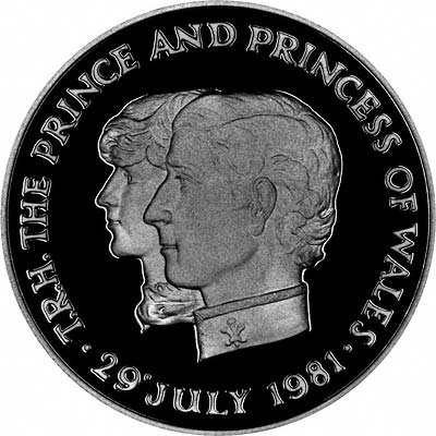 Reverse of 1981 Mauritius Crown Featuring Portraits of Prince Charles & Lady Diana Spencer