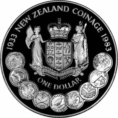 Reverse of 1983 50th Anniversary of New Zealand Coinage Silver Crown