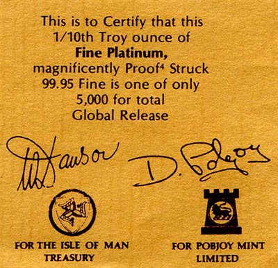 1985 Manx Platinum Tenth Noble Certificate