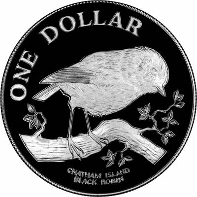 Reverse of 1984 Chatham Island Black Robin Silver Proof Crown
