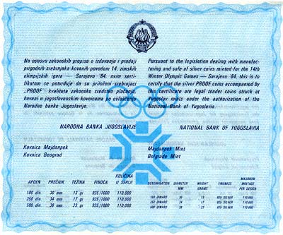 1984 Yugoslavian Complete Set Certificate