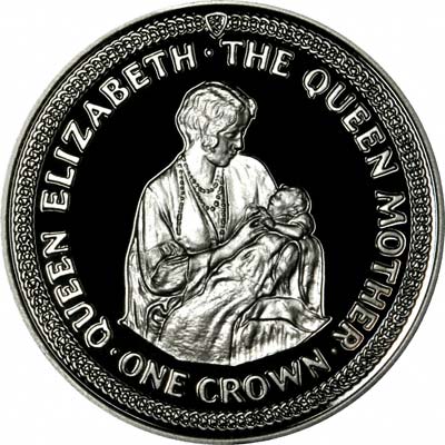 Queen Mother with Princess Elizabeth as Baby on Reverse of 1985 Manx Silver Crown