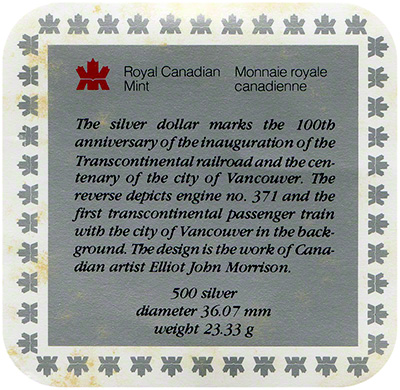 1986 Canada Silver Dollar Certificate
