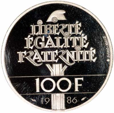 Reverse of 1986 French Platinum 100 Francs