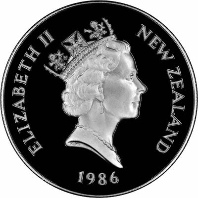 Obverse of 1986 50th Royal Visit Silver Proof Crown