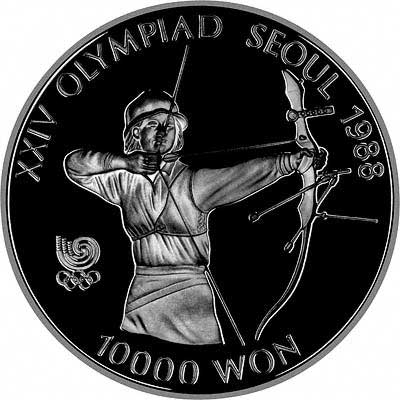 Archery On Reverse of 1988 South Korean 10,000 Won Silver Proof Coin