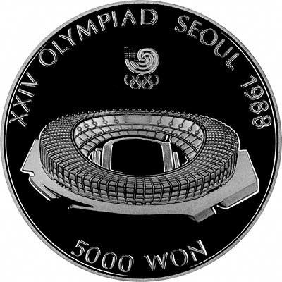 Olympic Stadium On Reverse of 1988 South Korean 10,000 Won Silver Proof Coin