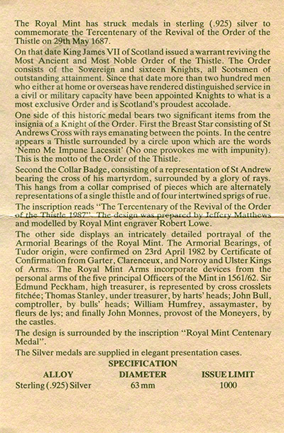 1987 Tercentenary of the Revival of the Order of the Thistle Silver Commemorative Medal Certificate