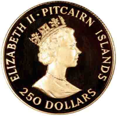 Obverse of 1988 Pitcairn Islands 250 Dollars Gold Proof Coin