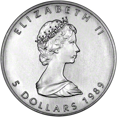 Obverse of 1989 Silver Canadian Maple Leaf