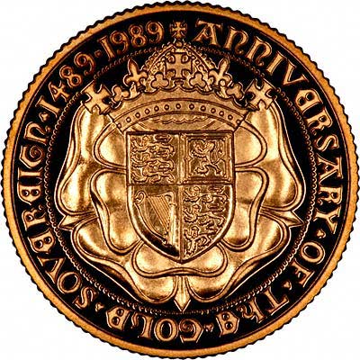 Reverse of 1989 500th Anniversary Gold Proof Sovereign