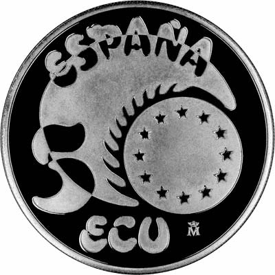 Reverse of Spanish 1989 Silver Proof 5 Ecus