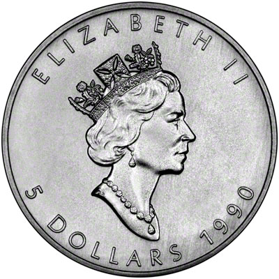 Obverse of 1990 Silver Canadian Maple Leaf