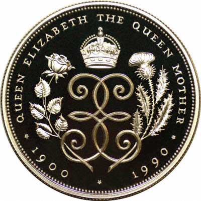 Reverse of 1990 Crown Featuring a crowned double E monogram, with rose and thistle