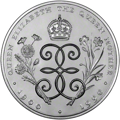 Reverse of 1990 Queen Mother's 90th Birthday Silver Proof Crown