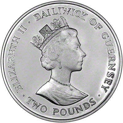 Obverse of 1990 Guernsey Queen Mother's 90th Birthday Two Pounds