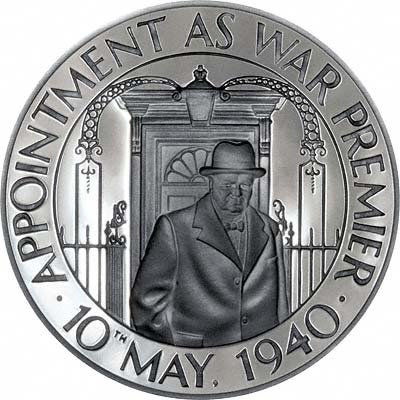 Obverse of 1990 Winston's War 50th Anniversary 1940 Silver Medallion - Appointment as War Premier 10th May 1940