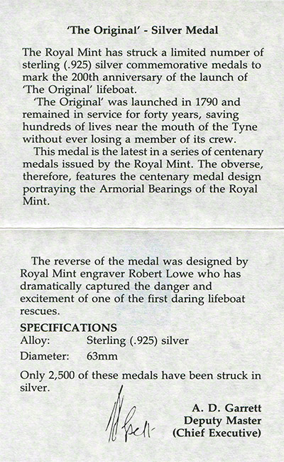 1990 Bi-Centenary of The Original Silver Medallion Ceertificate Reverse