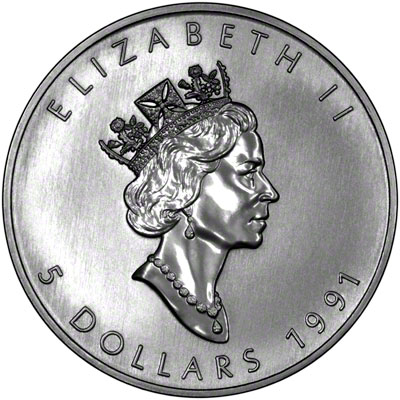 Obverse of 1991 Silver Canadian Maple Leaf