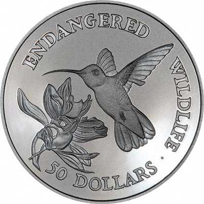 Humming Bird On Reverse of 1991 Cook Island $50 Silver Coin