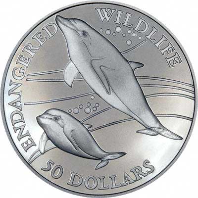 Dolphin on Reverse of 1991 Cook Island $50 Silver Coin
